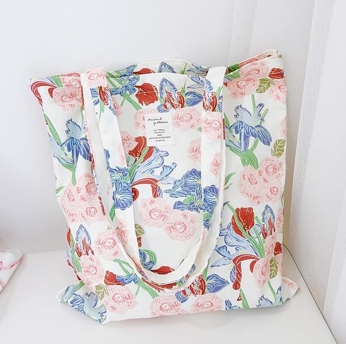 Cotton Canvas Tote Bag Reusable Soft Grocery Cloth Bag Floral Shoulder Bag for Beach Travel Shopping