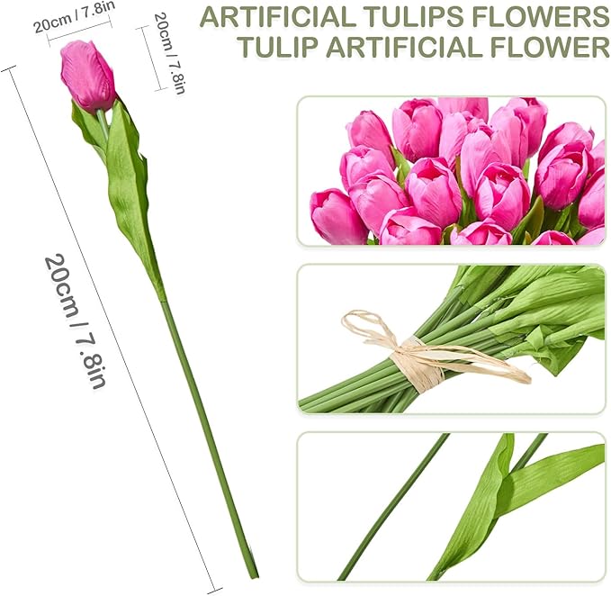 Artificial Flowers Mother's Day Easter Valentine's Day Gifts, Artificial Flowers Fake Tulips Flowers Home Kitchen Wedding Table Decorations a Bunch of 20 Hot Pink Tulips