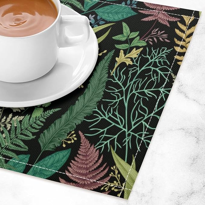 Leaf Placemats Set of 6, 17x12 Inch Vintage Natural Botanical Herbal Green Leaves Table Mats for Home Party Kitchen Dining Decor