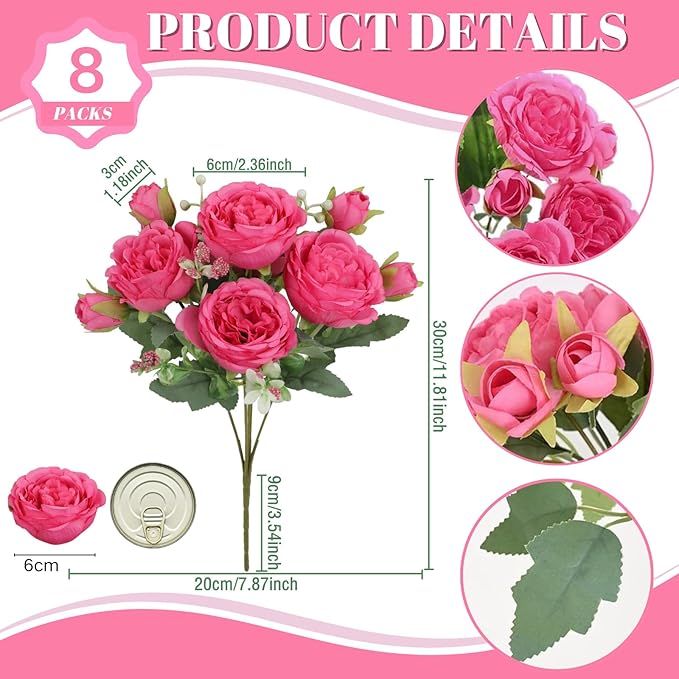 ASTRYAS 8Pcs Artificial Flowers Fake Peonies Silk Peony Bouquet Faux Flowers Bulk Arrangements for Decoration Vase Florals Arrangements Wedding Home Party Table Hot Pink
