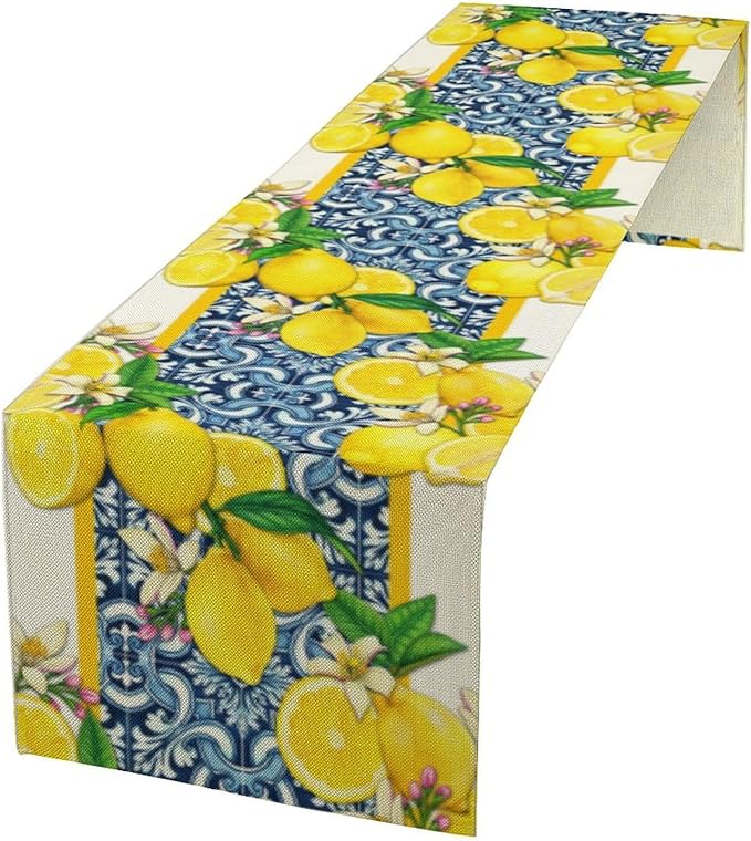 Lemon Table Runner ,Summer Blue Tiles Lemons Kitchen Dining Table Decoration Lemons Table Cover for Indoor Outdoor Home Party Decor, 13 x120 Inch