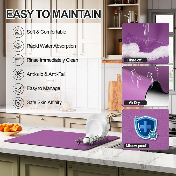 Dish Drying Mat for Kitchen Counter | Coffee Bar Mat for Countertops | Heat Resistant Drainer Mat with Non-slip Rubber Backed | Hide Stain Kitchen Absorbent Draining Mat | Purple 18"x32"