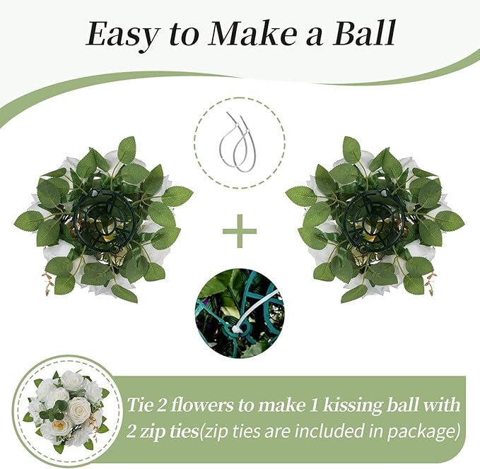 BLOSMON Artificial Flowers Ball Wedding Centerpieces 6 Pcs White Rose Artificial Flower Center Pieces Decoration for Table Silk Kissing Ball Faux Floral Bouquet Arrangements for Home Party DIY Decor