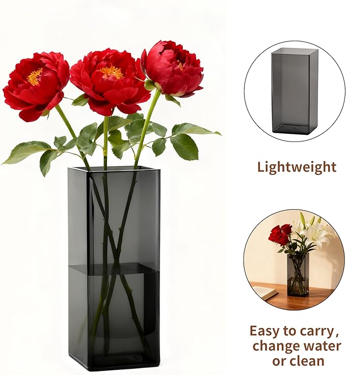 Acrylic Square Flower Vase, Non-breakable Vase, 4" x 4" x 8" Tall Grey Vases for Flower, Large Cube Floral Plant Container, Planter Terrarium for Wedding Party Event, Home Office Decor