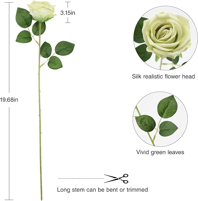 Hawesome Fake Roses Artificial Silk Flowers - 12 Pcs Green Roses Artificial Faux Flowers with Stems for Home Wedding Centerpiece Hotel Office Decor