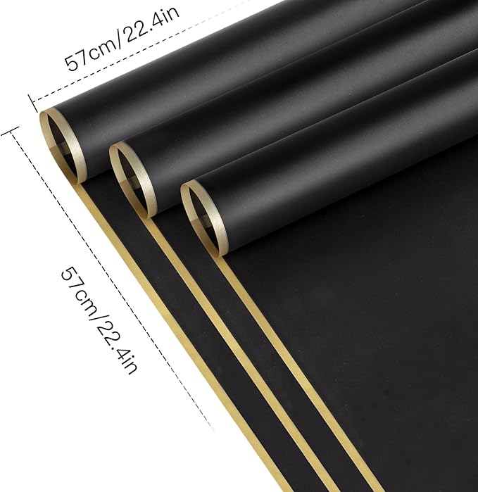 WRAPAHOLIC 20 Sheets Flower Wrapping Paper - 22.4 x 22.4 inch Gold Trim Black Water-Resistant Floral Bouquet Wrapping Paper, Florist Supplies Packaging Paper for Wedding Birthday Gift DIY