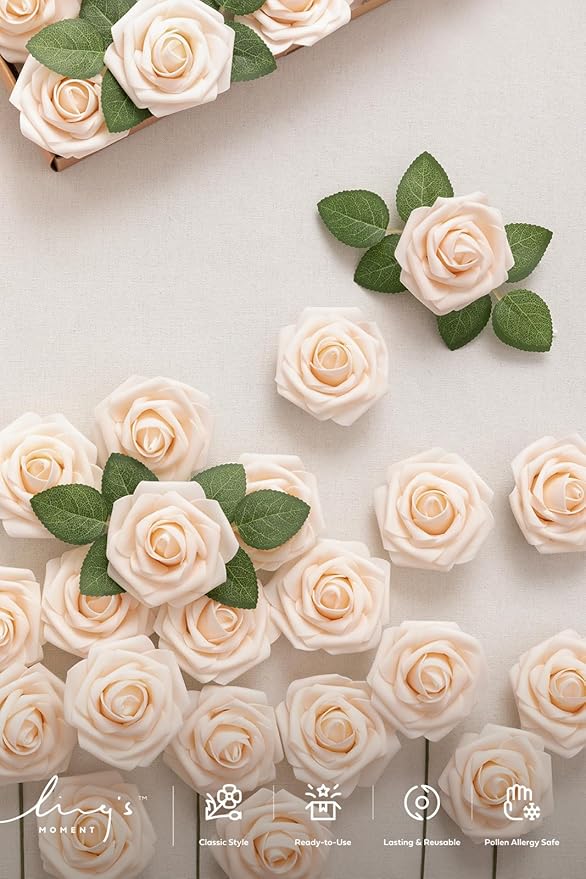 Ling's moment Artificial Flowers 50Pcs Cream Roses Decor w/Stems,3" Real Touch DIY Foam Floral for Wedding Bouquet/Centerpieces, Outdoors Party Backdrop, Room/Table, and Garden/Pot Decorations(2023)