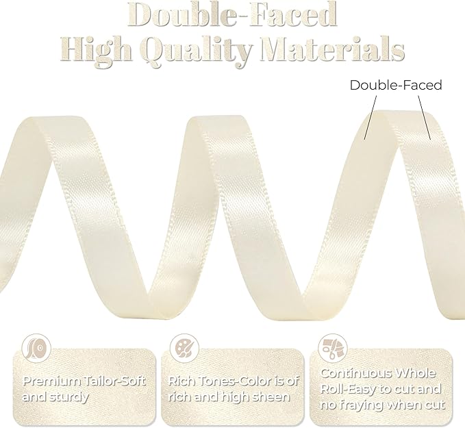 Cream Satin Ribbon, Double Faced 3/8 Inch X 50 Yards Cream Ribbon, Premium Satin Ribbon for Gift Wrapping, Crafts, Hair Bow Making, Sewing, Flower Bouquet, Wedding Party Decor