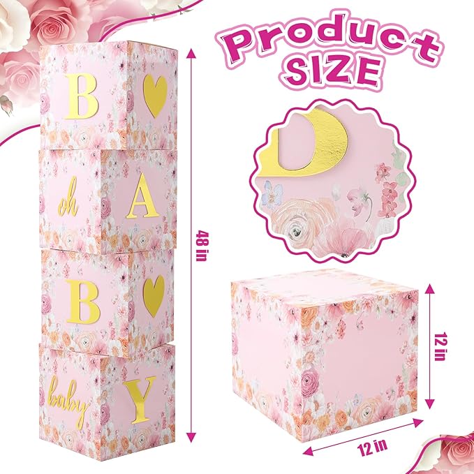 Wildflower Party Boxes, Baby in Bloom Boxes with Letters for Baby Shower Floral Wildflower Birthday Party Decorations Supplies Favors.(4PCS)