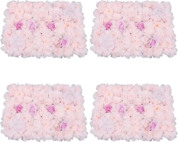 16"x 24" Artificial Flower Wall Panels,Flower Wall Mat Silk Flower Panels for Outdoor Garden Backyard Fence Fence Privacy Screen and Indoor Wall Decor (4Pcs Rose+Light Pink+Champagne)