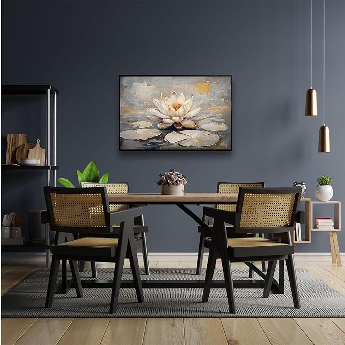 Ethereal white lotus floating on Crystal Waters poster vintage oil painting printwall art soft blush and gold accents serene home and office decor dreamy 8x12in Metal blackFramed