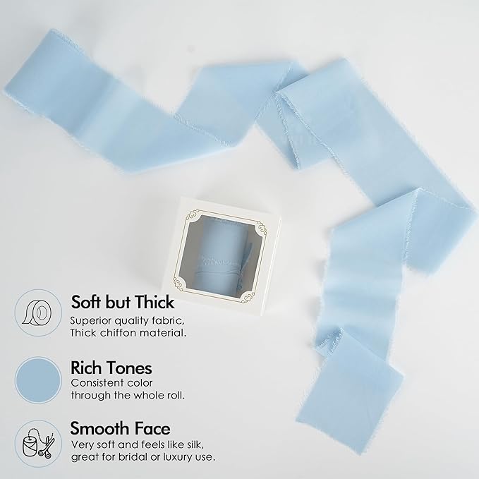 MEEDEE Light Blue Chiffon Ribbon 3 Inch Fringe Ribbons Baby Blue Chiffon Silk Frayed Edge Ribbon Wide Chiffon Ribbons for Crafts, Flower Bouquet, Wedding Favors Wrapping (2 Rolls 10 Yards)