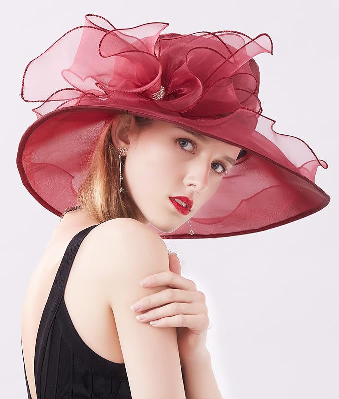 Organza Derby Hats for Women Wide Brim Fascinator Hat Rose Flower Wedding Tea Party Hat