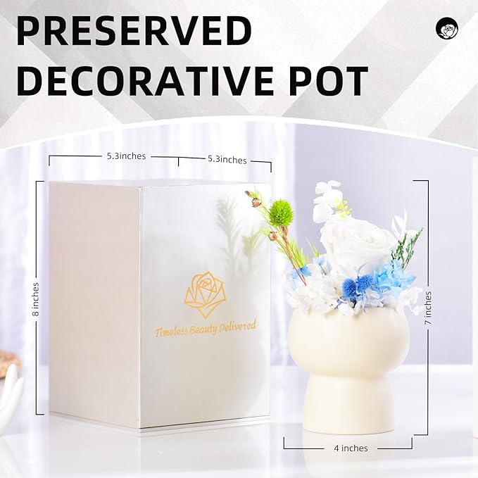 Preserved Floral Gift Set, Everlasting Rose in Small Ceramic Pot - Lasting Beauty for Home Table Decor, Mother's Day, Valentine's Day, Birthday, and Anniversary (White)