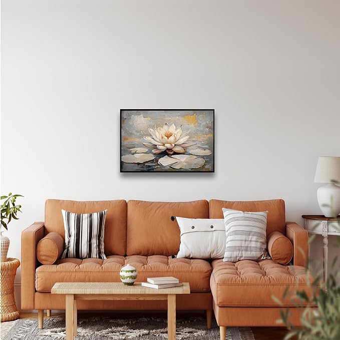 Ethereal white lotus floating on Crystal Waters poster vintage oil painting printwall art soft blush and gold accents serene home and office decor dreamy 20x30in Metal blackFramed
