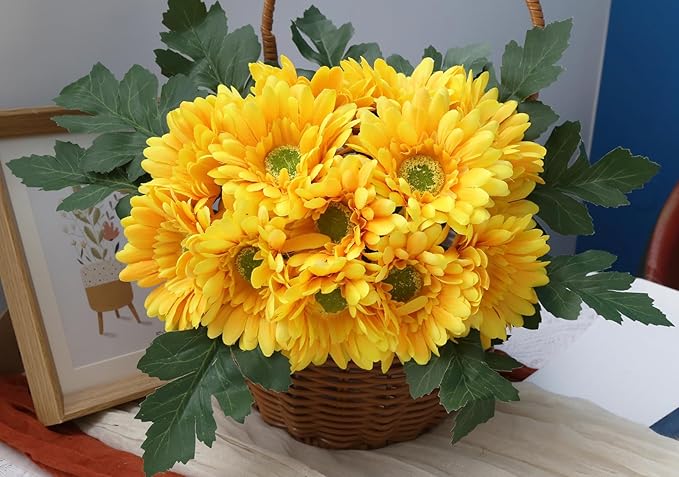 IPOPU 2 Bundles Artificial Gerbera Daisy Flowers 14 Heads Yellow Fake Daisy with Stems Faux Silk Daisy Flower for Wedding Bridal Bouquet Party Floral Arrangements Home Table Centerpiece Decor (Yellow)