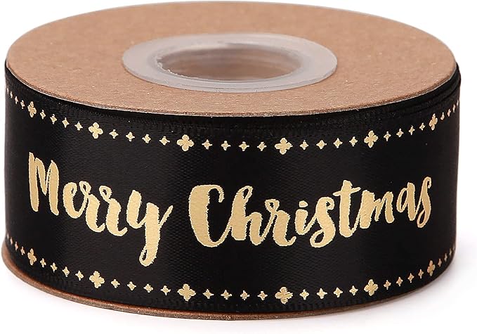 Merry Christmas Ribbon 10 Yards 1Inch Wide Black Satin Ribbons with Gold Printed Gift Ribbon for Craft Packing, Gift Wrapping, DIY Craft, Christmas Party Supplies
