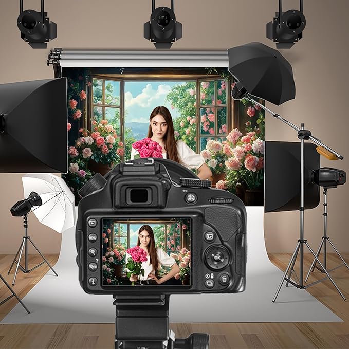 Baocicco 10x8ft Flowers Windowsill Photography Background Spring Floral Retro Oil Painting Photo Backdrop for Valentines Mothers Day Birthday Wedding Party Decorations Girls Women Portraits