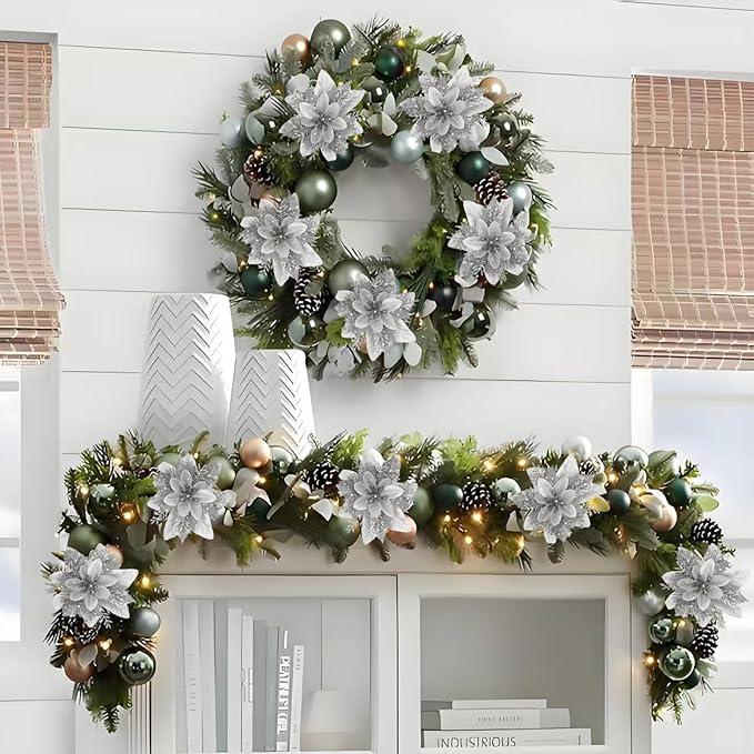 24 PCS Poinsettia Flower Artificial Silver Christmas Flowers Artificial 5.5'' Glitter Poinsettias Artificial Christmas Tree Flower with Clips DIY Xmas Wreath Holiday New Year Home Party Decor