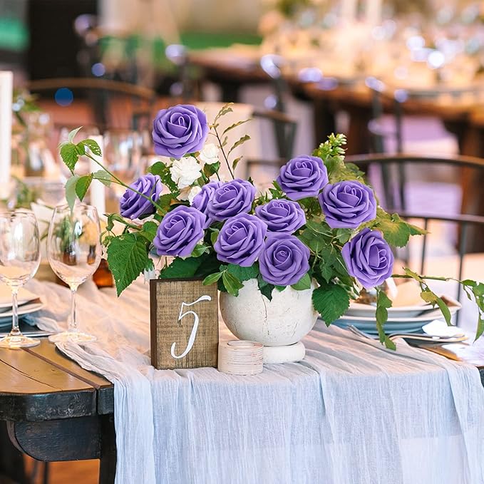 JOYLEX Artificial Flowers Realistic Roses, 50pcs Real Looking Fake Roses with Stem for DIY Wedding Bouquets Centerpieces Bridal Shower Party Home Romantic Decorations (50pcs, Purple)
