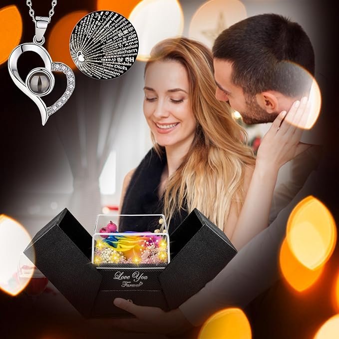 Preserved Colorful Real Rose-Eternal Flowers Rose Gift for Mom Grandma Wife Girlfriend on Mothers Day Birthday Valentines Christmas Anniversary Romantic Gifts for Her with I Love You Necklace