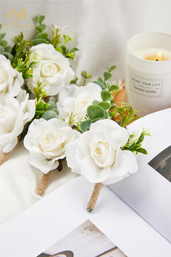 Meldel Ivory Rose Boutonniere for Men,Set of 6,Groom and Best Man Boutonnieres with Artificial Flower,for Wedding Ceremony Anniversary, Formal Dinner Party, Fall Vintage Rustic Marriage Prom
