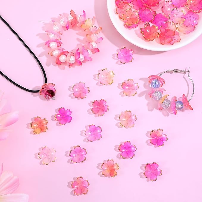 100 Pcs Cherry Blossom Beads, 5-Petal Acrylic Spacer Flower Beads for Jewelry Making, Mini Golden Edge Floral Shaped Bead for Making DIY Craft, Charms, Bracelets, Necklaces, Earrings (Pink Gradient)