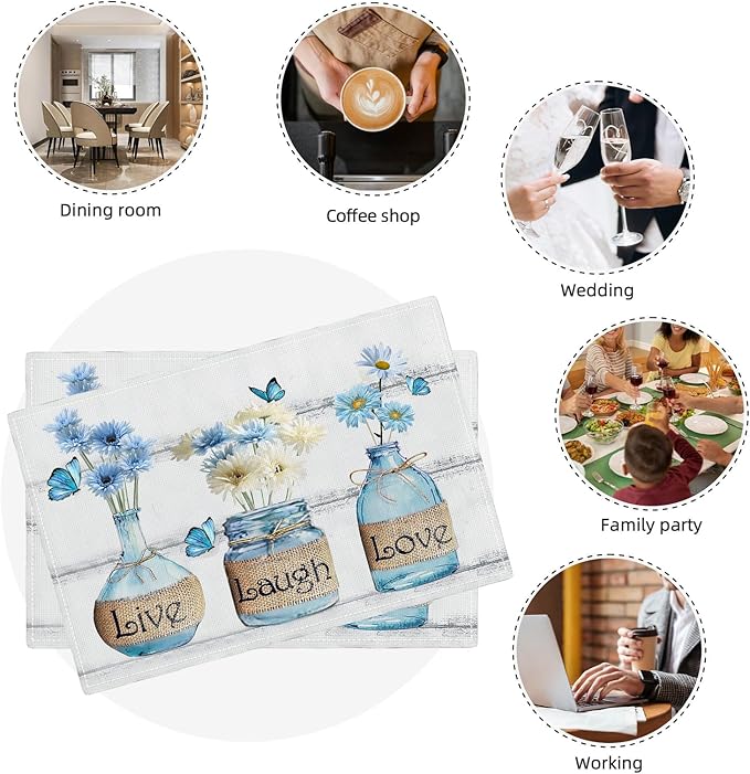 Daisy Flower Placemats Set of 6 Farmhouse Blue White Daisy Floral Table Mats Washable Place mats for Home Party Indoor Kitchen Dining Table Decoration 12x18 Inch