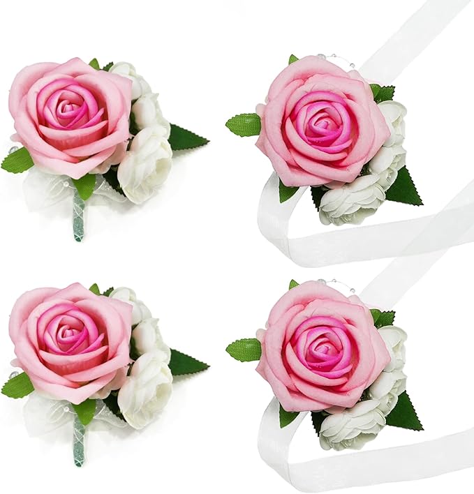 Wrist Corsage and Boutonniere Set, Artificial Rose Corsage Wristlet and Boutonniere for Wedding Prom Party (Pink, 4pcs)