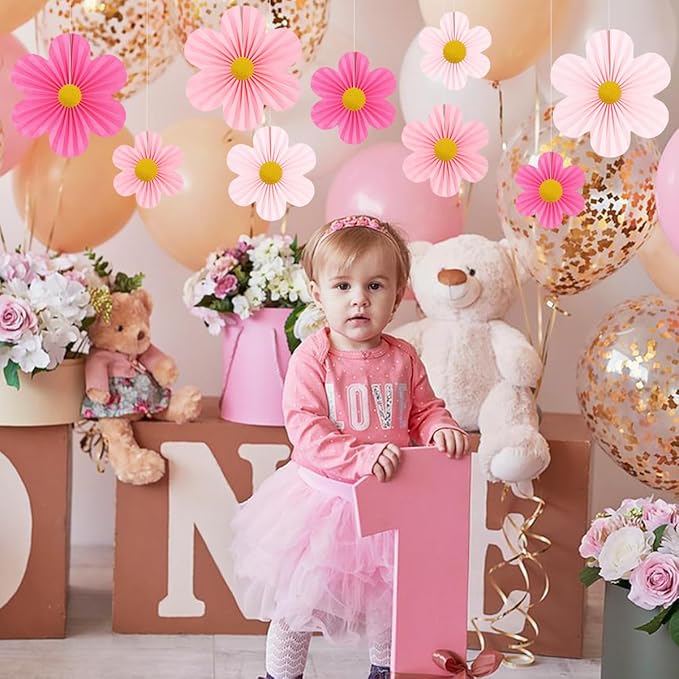 Pink Party Decorations Paper Flowers Decorations for Wall Classroom Paper Fans Floral Backdrop Flower Wall Decor Pack of 9 Pink