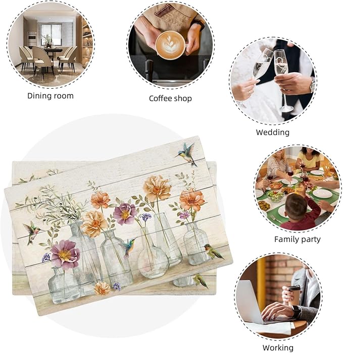 Floral Placemats Set of 4 Flower Hummingbird Table Mats Washable Place Mats for Home Party Indoor Kitchen Dining Table Decoration 12x18 Inch