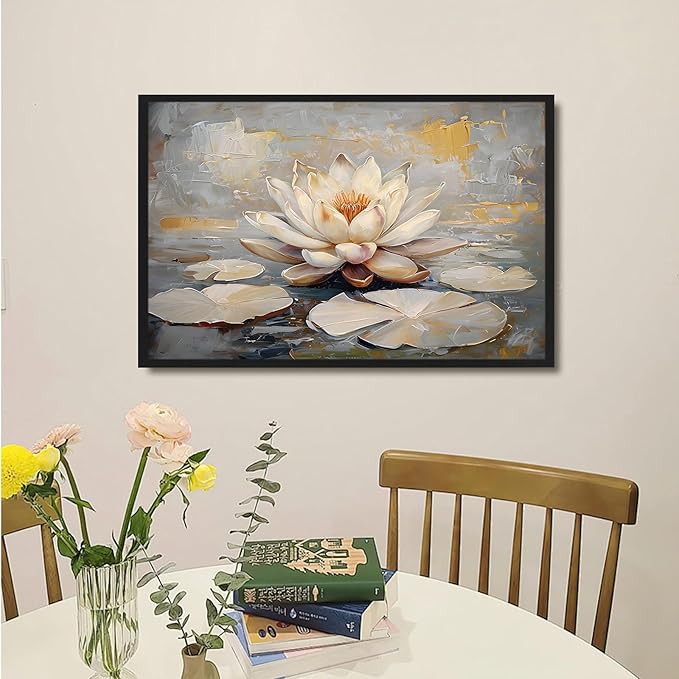 Ethereal white lotus floating on Crystal Waters poster vintage oil painting printwall art soft blush and gold accents serene home and office decor dreamy 16x24in Metal blackFramed
