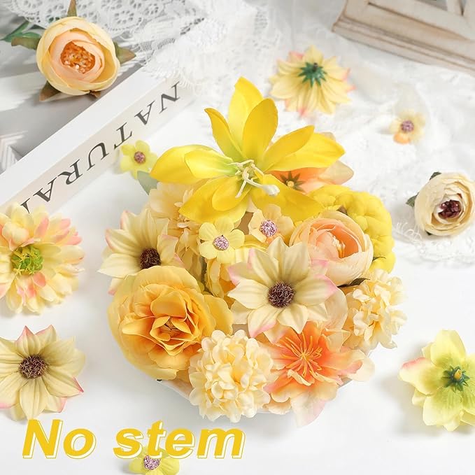 Artificial Flower Heads Combo - 48pcs Yellow Silk Flowers Bulk Faux Rose for Wedding Decor, Bridal Bouquets, Graduation Parties, Cake Toppers & Home DIY Crafts