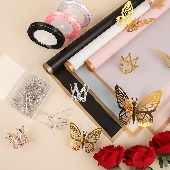 60 Sheet Flower Wrapping Paper-3 Colors Florist Bouquet Wrapping Paper for Wedding Birthday Gift, Flower Paper Wrap with 3 Rolls Ribbon,3D Butterflies, 3 Colors Crowns (Black, Rose Pink, White)