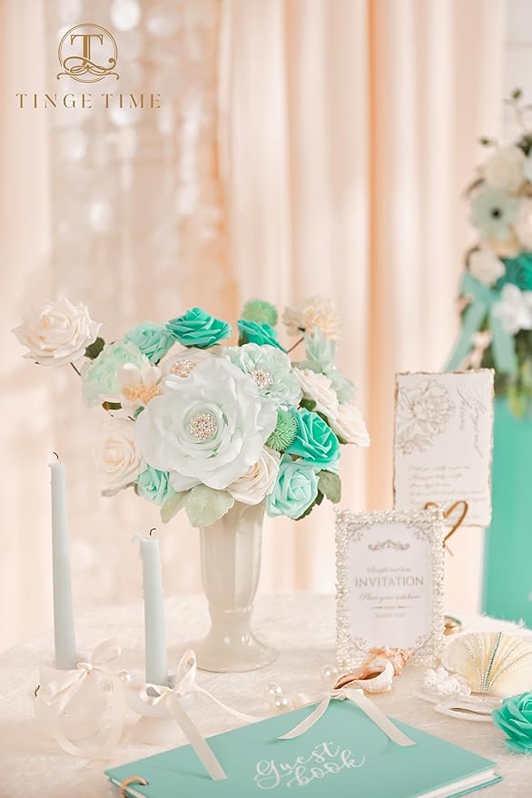 TINGE TIME Artificial Flowers Combo Mix Silk Flowers Teal Green Roses w/stem for DIY Wedding Bridal Bouquets Baby Shower Floral Arrangement Table Centerpieces Home Decorations (TealGreen&Champagne)