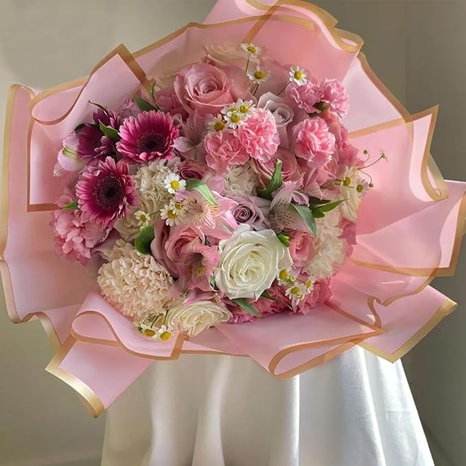WRAPAHOLIC 20 Sheets Flower Wrapping Paper - 22.4 x 22.4 inch Gold Trim Pink Water-Resistant Floral Bouquet Wrapping Paper, Florist Supplies Packaging Paper for Wedding Birthday Gift DIY