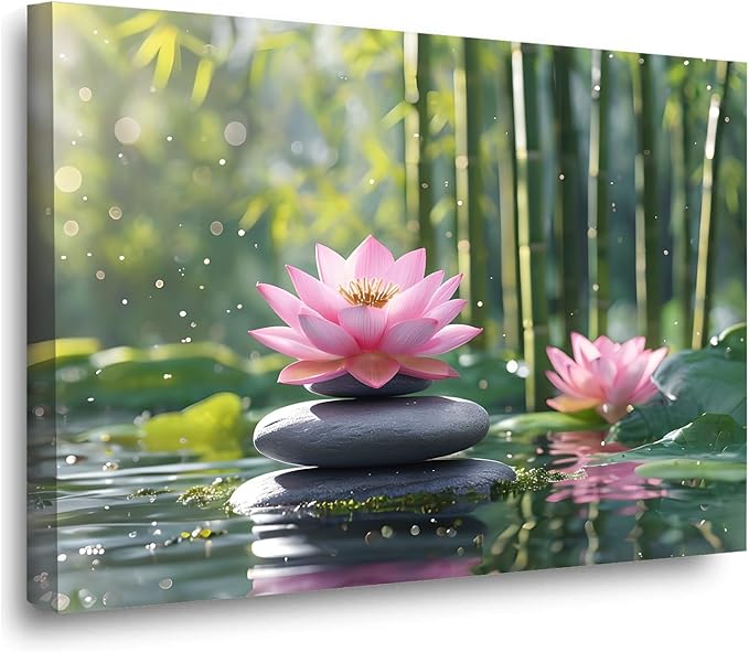 Ethereal pink lotus on obsidian Sunlit bamboo forest with sparkling water drops Poetic nature inspired wall art for tranquil homes and mindful spaces 28x40in Wood Framed