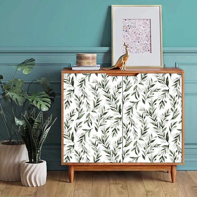 Erfoni Green Leaf Peel and Stick Wallpaper Floral Contact Paper 17.7inch x 393.7inch Greenery Leaves Self Adhesive Wallpaper Peel and Stick Olive Botanical Flowers Wall Paper Decoration Vinyl Film