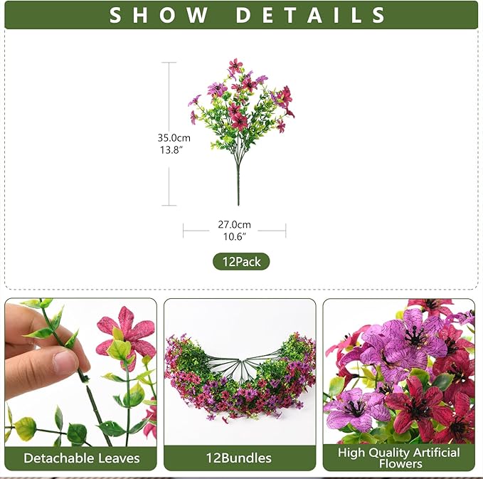 Homsunny Artificial Mums Fake Flowers for Outdoors Decoration, 12 Bundles Faux Silk Daisy Plants UV Resistant for Outside Garden Front Door Porch Planter Patio Yard (Light and Fuchsia)
