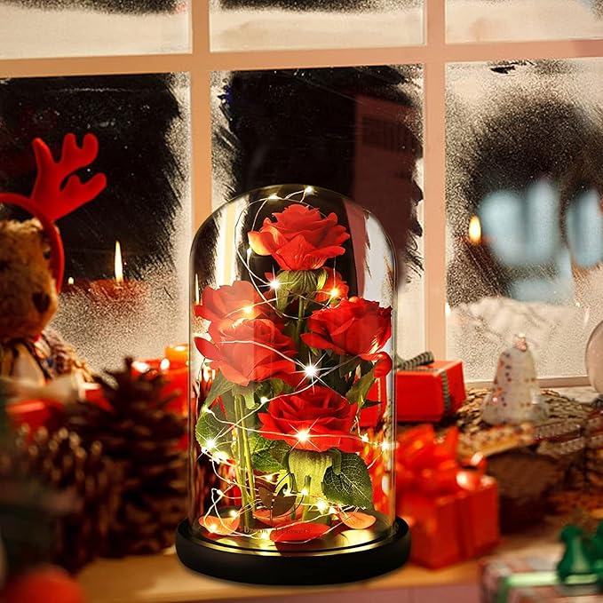 Christmas Rose Gifts for women,Beauty and The Beast Rose in Glass Dome with LED Light,Glass Rose Flower Gifts for Her,Christmas Birthday Gifts for Women Mom Wife Girlfriend Friend Forever Red Rose