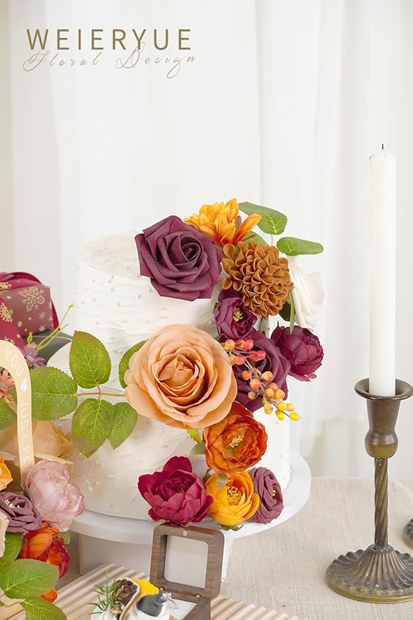 Fall Decor Artificial Flower Box Set Silk Fake Flowers for DIY Centerpieces Cake Decorations, Wedding Bouquets, Boutonnieres, Home Decorations(Sunset Orange)