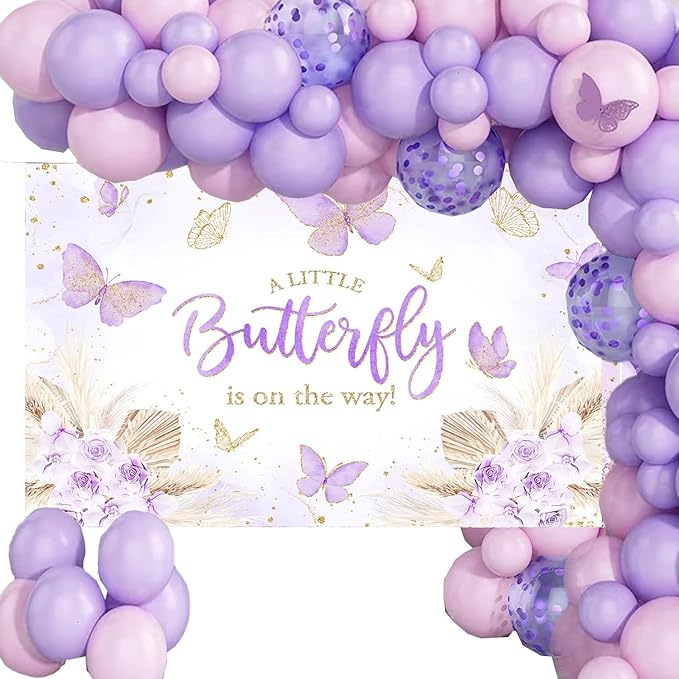 Mocsicka 7x5ft Butterfly Baby Shower Backdrop Purple A Little Butterfly is on Her Way Banner Boho Floral Lavender Purple Butterfly Baby Shower Decorations Photo Booth Props