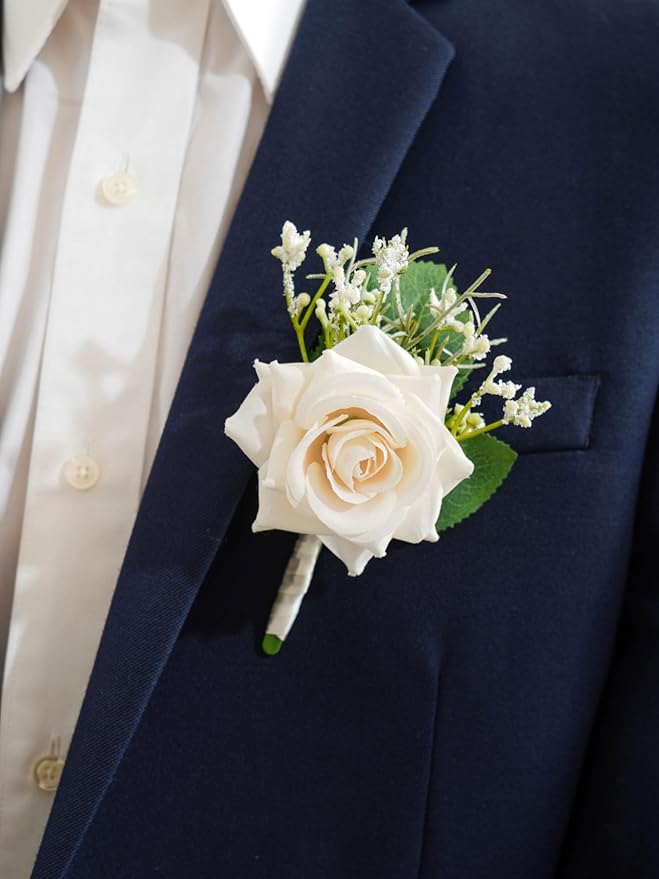 Champagne Rose Boutonnieres for Men Wedding with Pins, Set of 6, Baby's Breath Boutonniere for Best Men Groom Groomsmen Wedding Prom Homecoming
