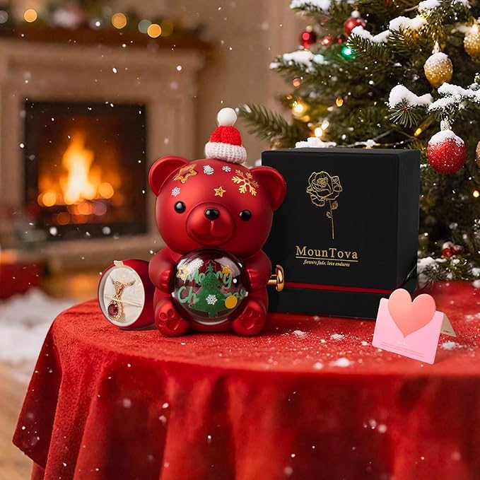 Christmas Teddy Bear with Preserved Rose, DIY Bear Roses Gift Set with Hidden Jewelry Box, Santa Hat & Stickers, for Women, Girlfriend, Wife, Forever Eternal Rose Flower Decor
