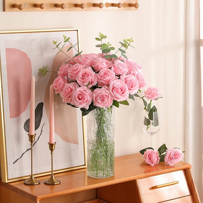 Nubry 24pcs Artificial Silk Roses Bulk,Fake Roses Flower with Stems Realistic Flowers for Wedding Centerpiece Home Party Decor(Pink)