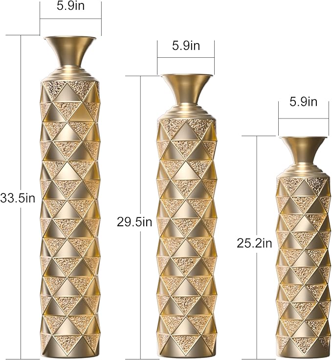 Floor Oversized Gold Metal Decorative Vase with 3D Triangle Pattern Set of 3 Large Vases for Home Living Room 33.5 ", 29.5 ", 25.2" High (Antique Gold)