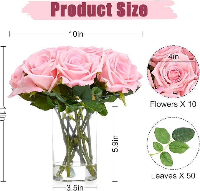 BLEUM CADE Luxury PU Fake Flowers in Vase with Faux Water, Pink Real Touch Roses Artificial Flowers with Glass Vase for Office Home Dining Room Centerpiece Table Decorations