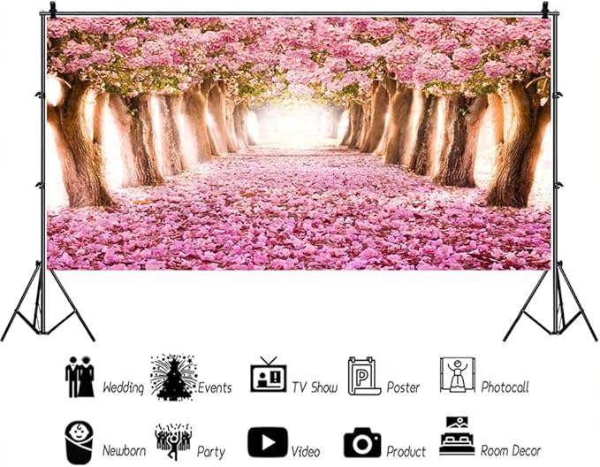 AOFOTO 20x10ft Spring Cherry Blossom Backdrop Sweet Pink Flowers Tree Floral Petal Boulevard Photography Background Baby Shower Photo Studio Props Girl Infant Adult Artistic Portrait Vinyl Wallpaper