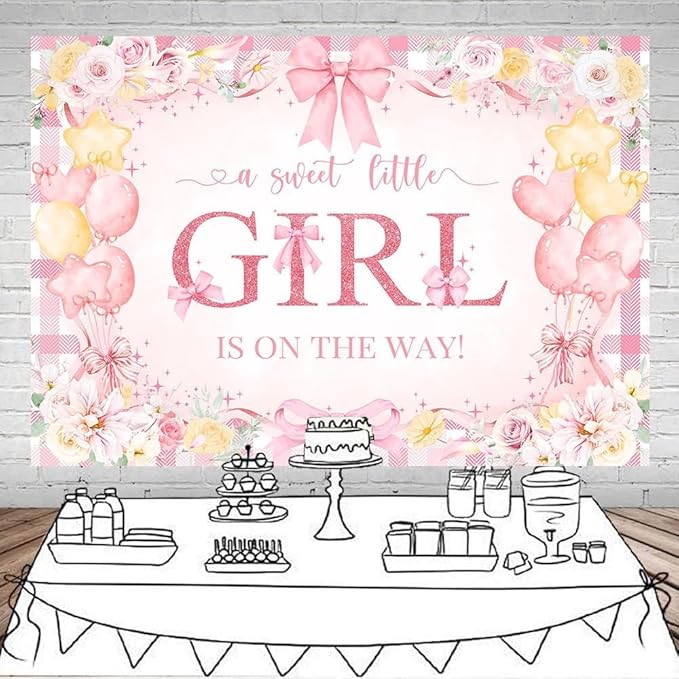 Mocsicka Bow Baby Shower Backdrop Pink Floral Baby Girl Shower Photo Background Banner Sweet Little Girl on The Way Decorations for Baby Shower Party Supplies Photo Props (8x6ft (96x72 inch))