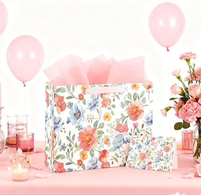 ASYEHNR 13" Large Size Floral Gift Bag Floral Pink Blue Sage Green Flower Pattern Gift Bag with Greeting Card Tissue Paper for Women Girls Birthday Baby Shower Wedding Mother's Day Spring Supplies